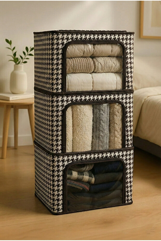 Closet Organizer – Black Houndstooth Patterned | 3 Pieces | Foldable Clothing Organizer with Steel Support