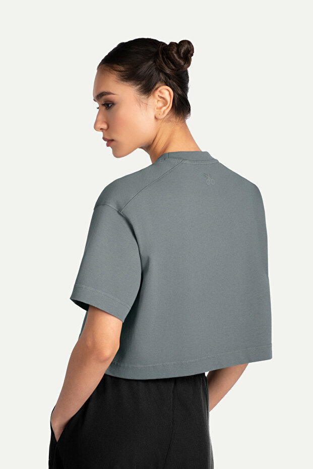 Kadın Urban Cut Crop Basic T-Shirt - Storm - 7