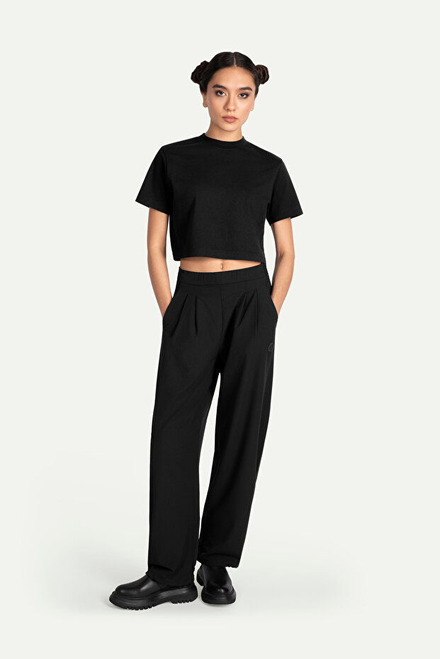 Kadın Flat Cut Crop Basic T-Shirt - Tar - 4