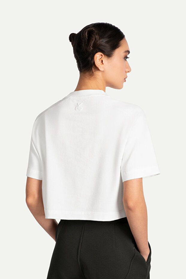 Kadın Urban Cut Crop Basic T-Shirt - Off White - 8
