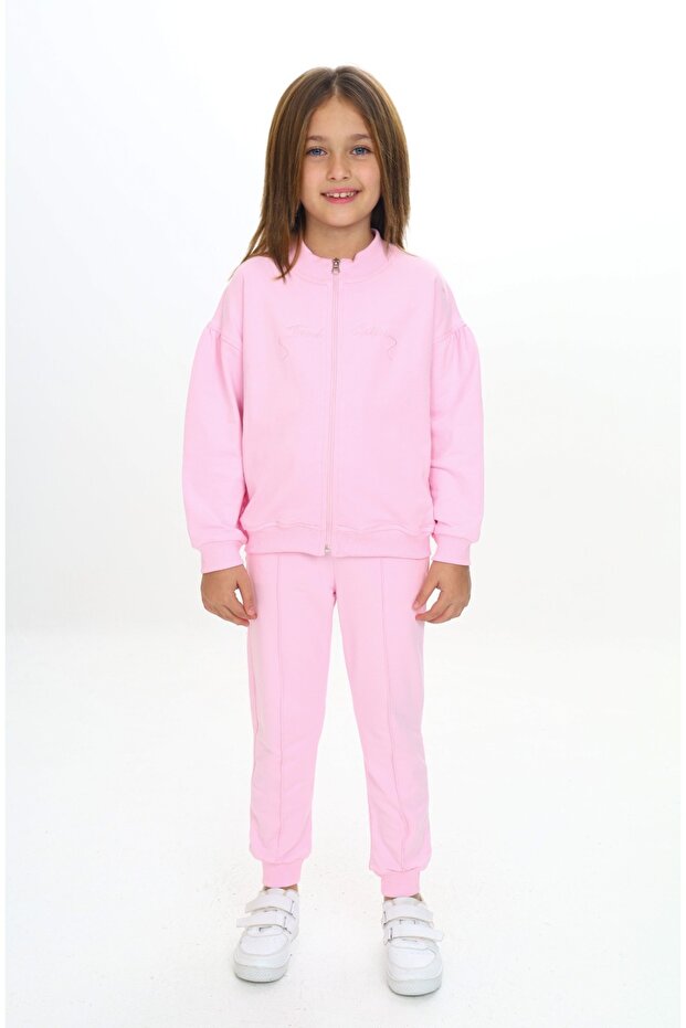 Girl's 2-Piece Set Embroidered Printed Stand Collar Zippered Sweatshirt & Ribbed Cuff with Pocket