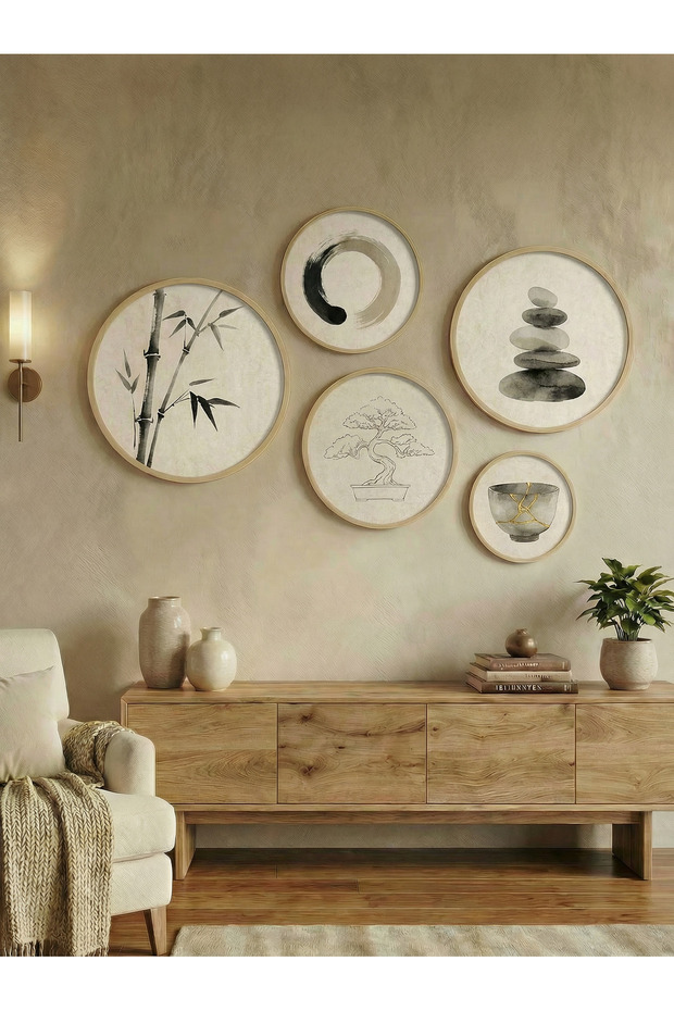 Wabi Sabi Set of 5 Round Paintings - Japandi Wall Decor with Natural Birch Wood Frame Huhu875 - Round Painting Set