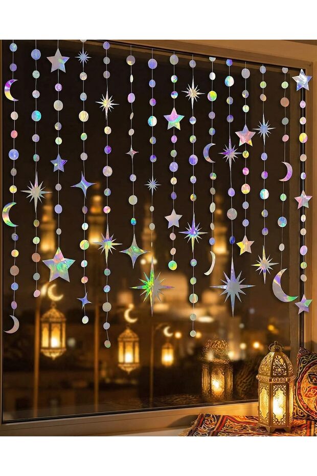 Ramadan Eid Mubarak Decorations Iridescent Star Moon Circle Dot Garland Kit