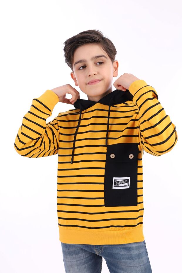 Boy's Oversized Hooded Low Shoulder Printed Striped Sweatshirt - Garni Detail & 2 Cords