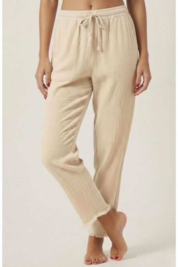 Ecru 100% Cotton Muslin Trousers - Elastic Waist, Lace-Up, Narrow Leg, Anti-Sweat Summer Women's Trousers
