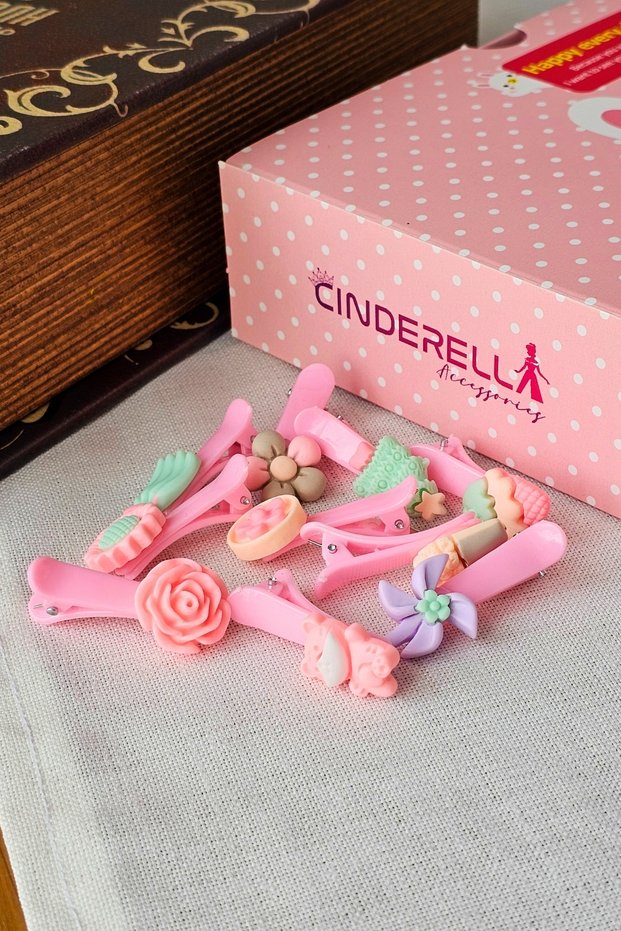 Set of 10 Cute Mixed Figure Pink Tone Children's Hair Clips - Baby Clip Hair Clips Gift