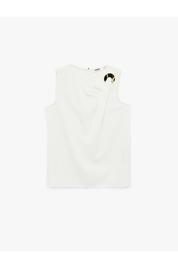 Asymmetrical Collar Sleeveless Blouse with Metal Accessories