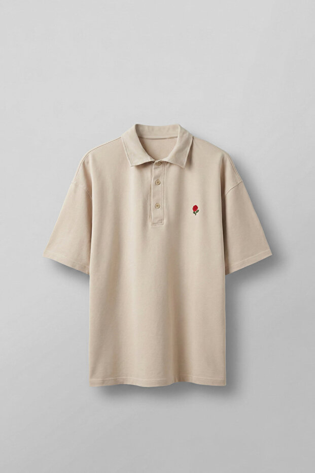 Men's Oversize Washed Rose Embroidered Polo Collar T-Shirt Beige