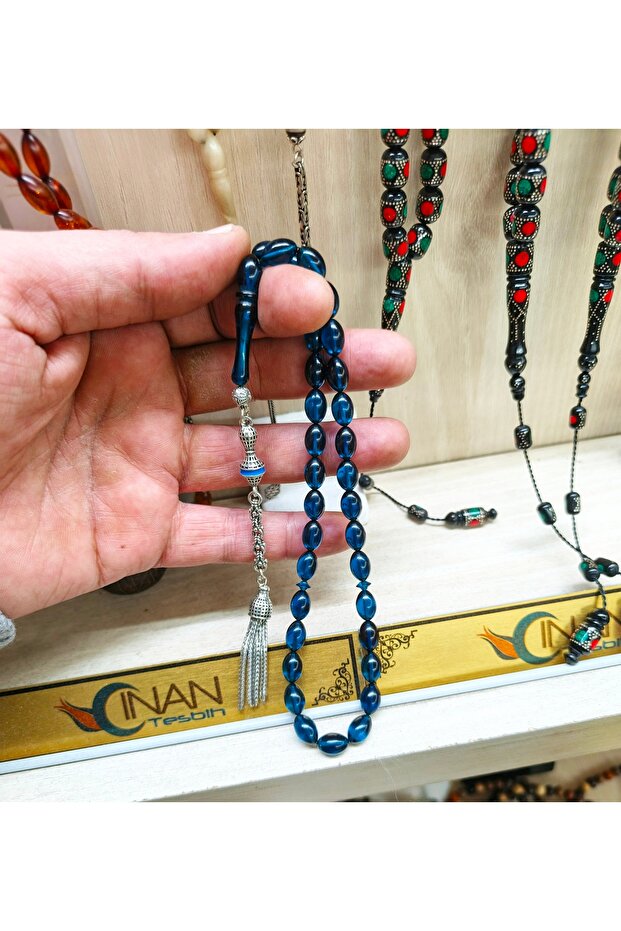 Parliamentary Blue Barley Cut Fire Amber Prayer Beads