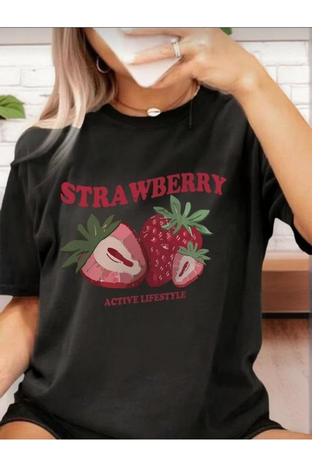 Strawberry Printed Crew Neck Short Sleeve Women's Plain Black Tshirt