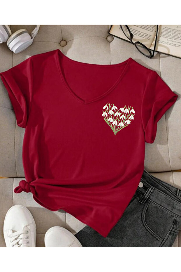 Mix Flowers Printed V-Neck Cotton Combed Cotton Short Sleeve Women's Tshirt