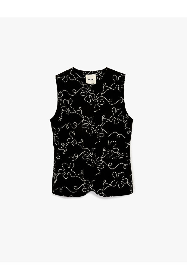 Women'S Black Design Floral Poplin Vest