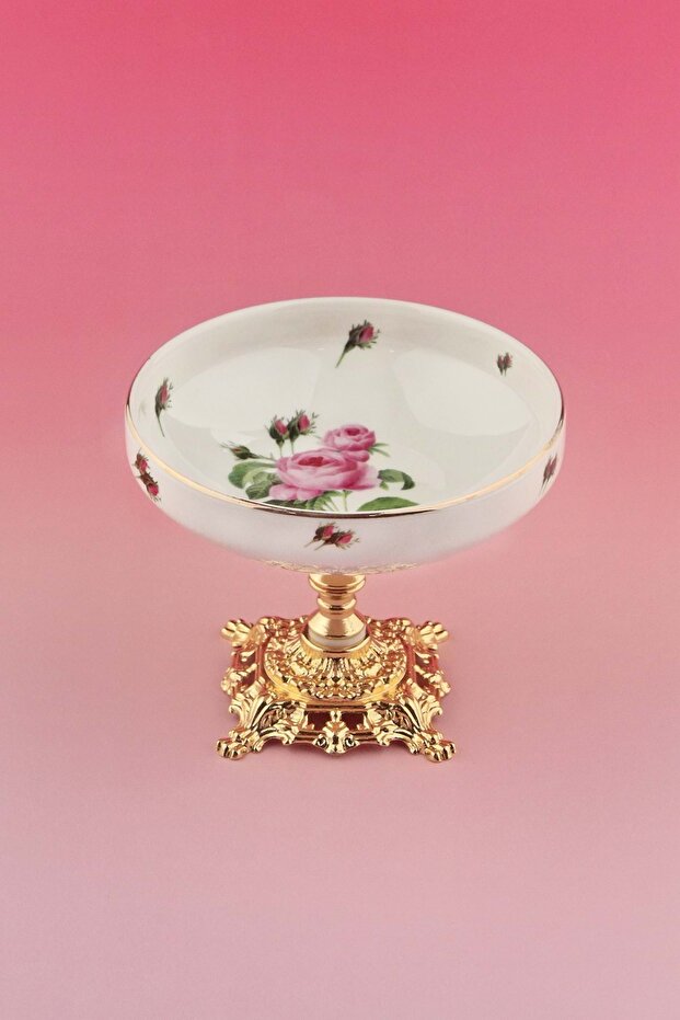 Porcelain Bowl with Pink Rose Metal Stand