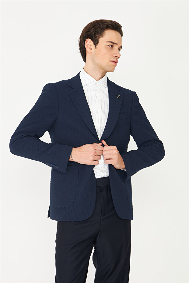 Navy Blue Lightly Patterned Blazer Jacket - 5