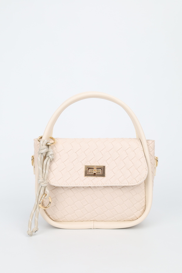 Women's Cream Gold Lock and Charm Detailed Adjustable Strap Shoulder and Crossbody Bag Mina