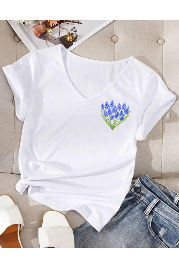 Mix Flowers Printed V-Neck Cotton Combed Cotton Short Sleeve Women's Tshirt