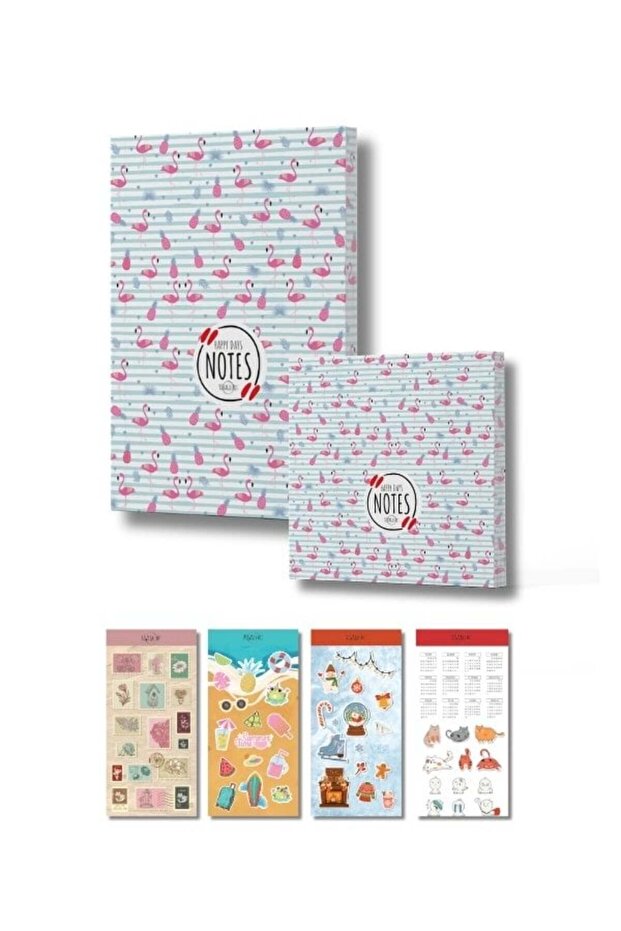Flamingo and Pineapple Patterned Design Notebook Set - 4 Sheets with Sticker Gift