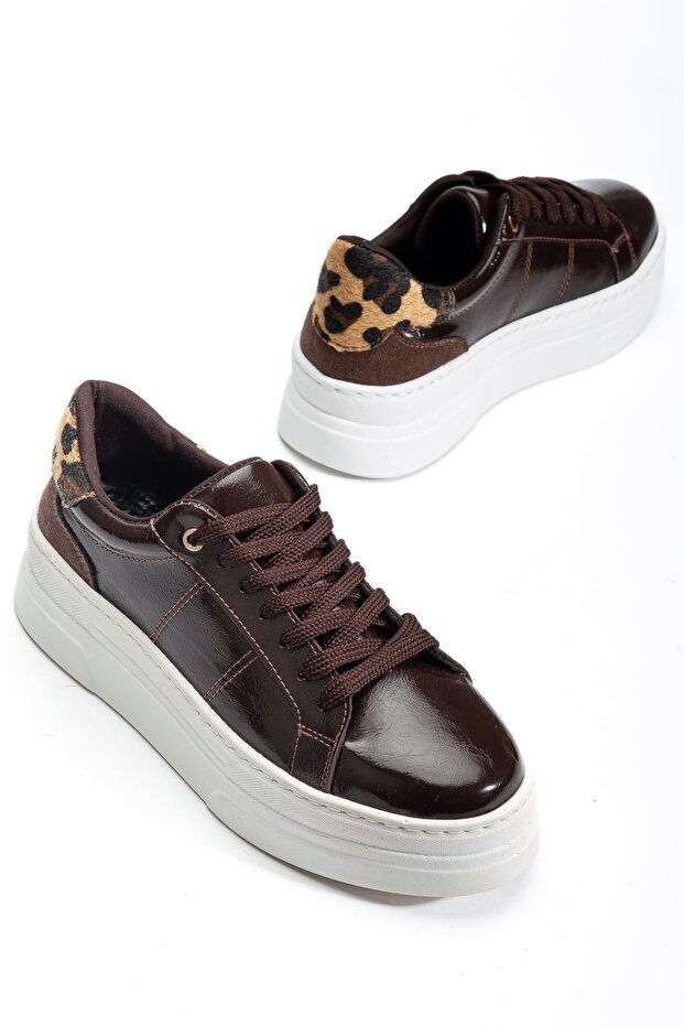 Women's Bitter Brown Patent Leather Poly Sole Leopard Patterned Lace-Up High Sneakers