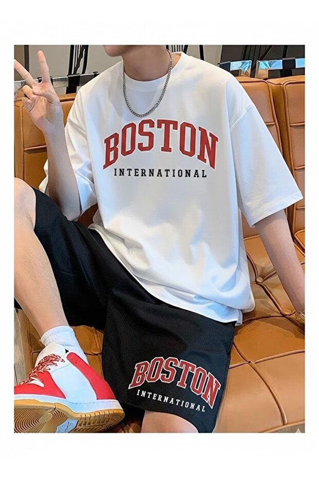 Unisex Boston Printed T-Shirt and Shorts Top and Bottom Set