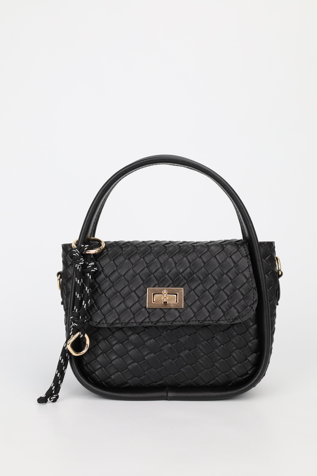 Women's Black Gold Lock and Charm Detailed Adjustable Strap Shoulder and Crossbody Bag Mina