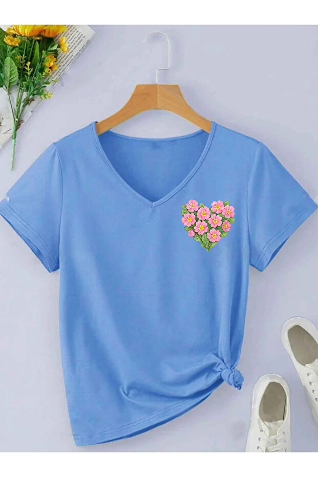 Mix Flowers Printed V-Neck Cotton Combed Cotton Short Sleeve Women's Tshirt