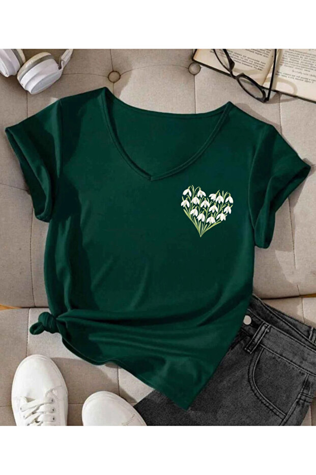 Mix Flowers Printed V-Neck Cotton Combed Cotton Short Sleeve Women's Tshirt