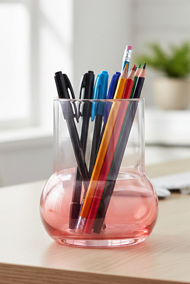 Minimalist Transparent Glass Pen Holder - Desktop Office Organizer (11X9 cm) - Coral Pink