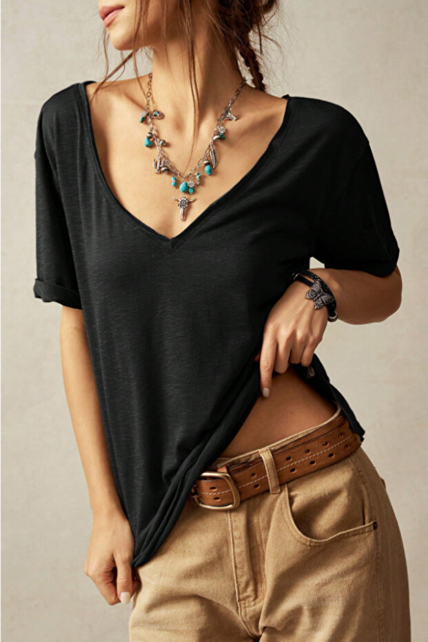 Kadın Siyah Oversize-Salaş V Yaka Basic Tişört - 2
