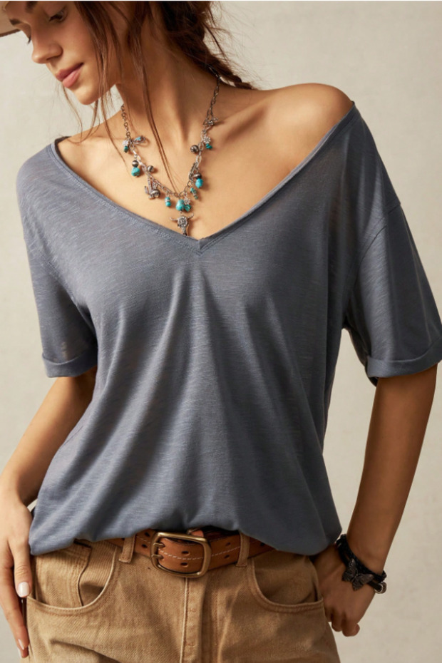 Kadın Antrasit Oversize-Salaş V Yaka Basic Tişört - 4