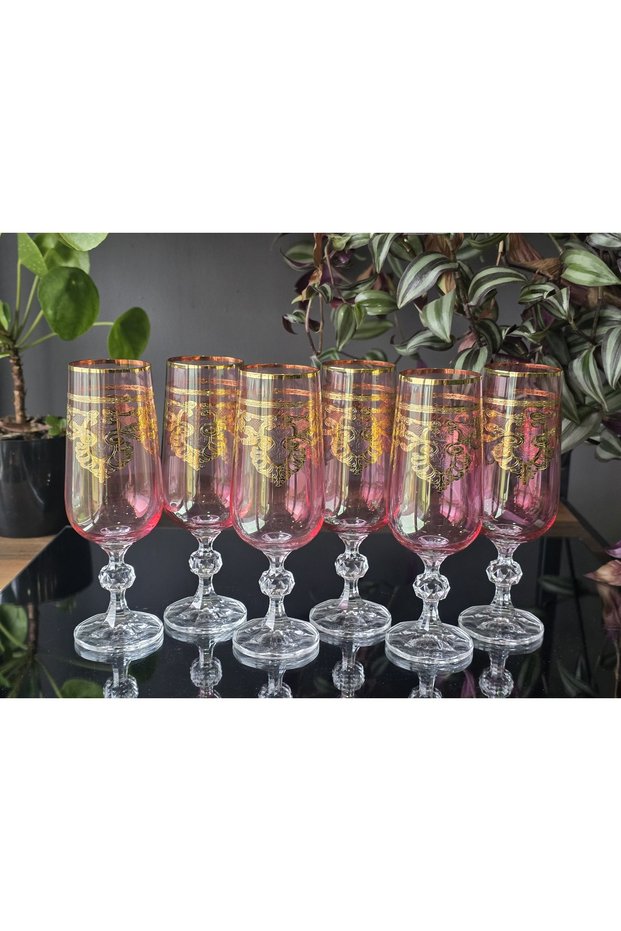 Handmade Crystal Elizabet Pink 24K Gold Engraved 6-Piece Presentation Coffee Water Glass 180Cc