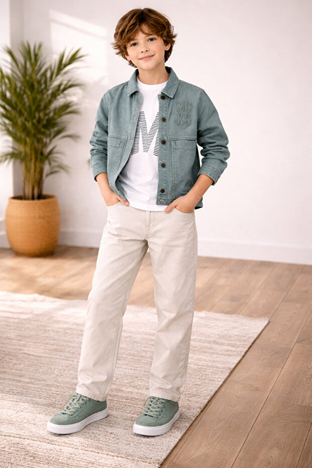 Mackays 100% Cotton Green Canvas Jacket Boys' Set – Cream Canvas Pants & Patterned T-Shirt