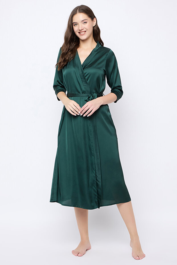 Chic Basic Long Robe in Dark Green - Satin - 2