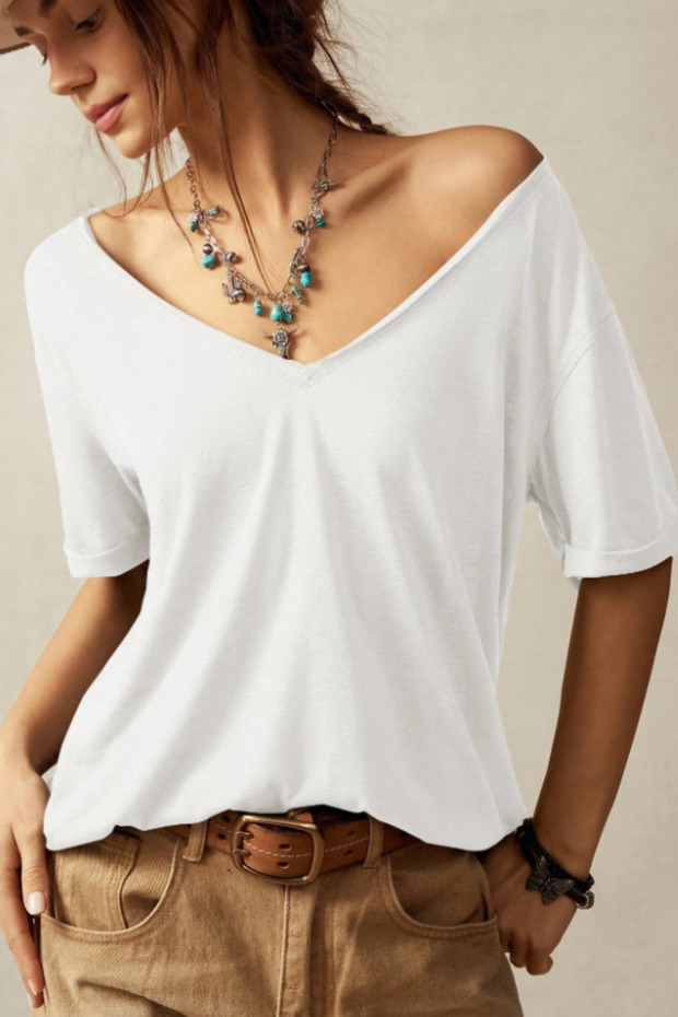 Kadın Beyaz Oversize-Salaş V Yaka Basic Tişört - 5