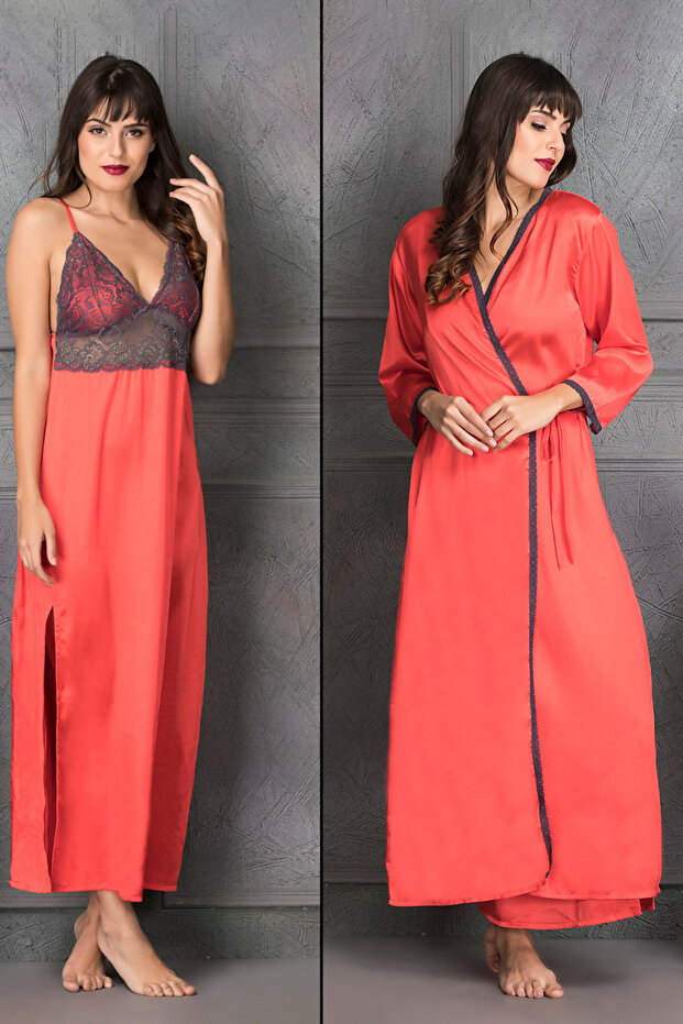 2 Pc Set in Coral Red - Long Nighty & Robe - Satin