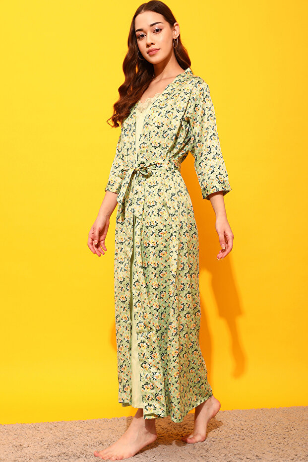 Chic Basic Long Nighty & Pretty Florals Robe in Mint Green - Satin - 3