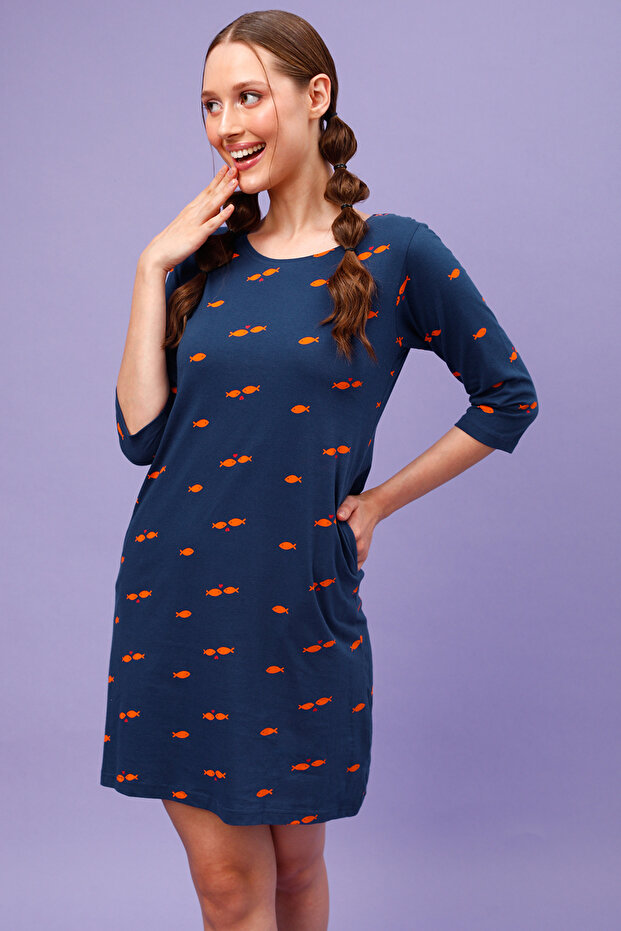 Fish Print Short Nighty in Navy - 100% Cotton