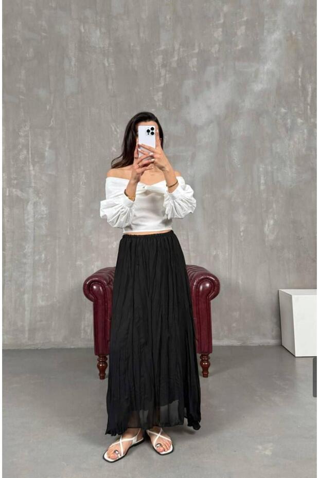 Women's Black Long Pleated Chiffon Skirt with Elastic Waist