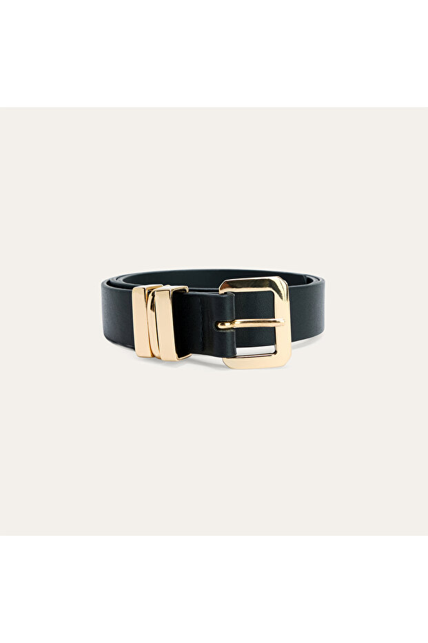 Women's Black Leather Look Belt with Bridge Detail