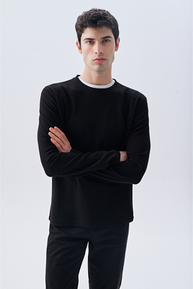 Men's Black Ribbed Crew Neck Long Sleeve T-Shirt
