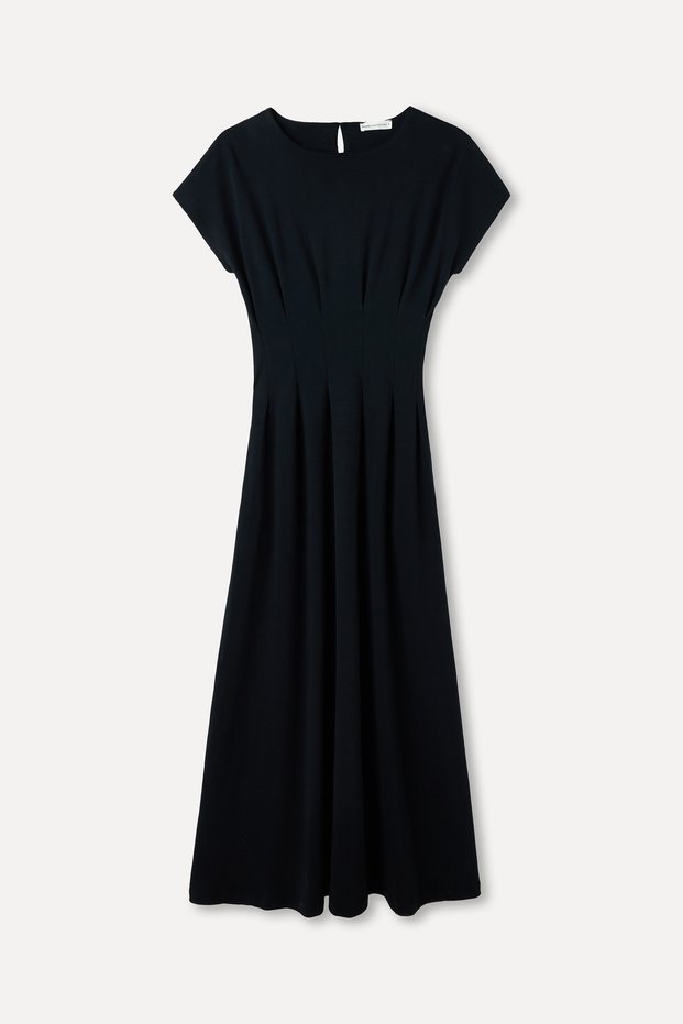 Women's Black Stitching Detailed Straight Cut Short Sleeve Midi Dress