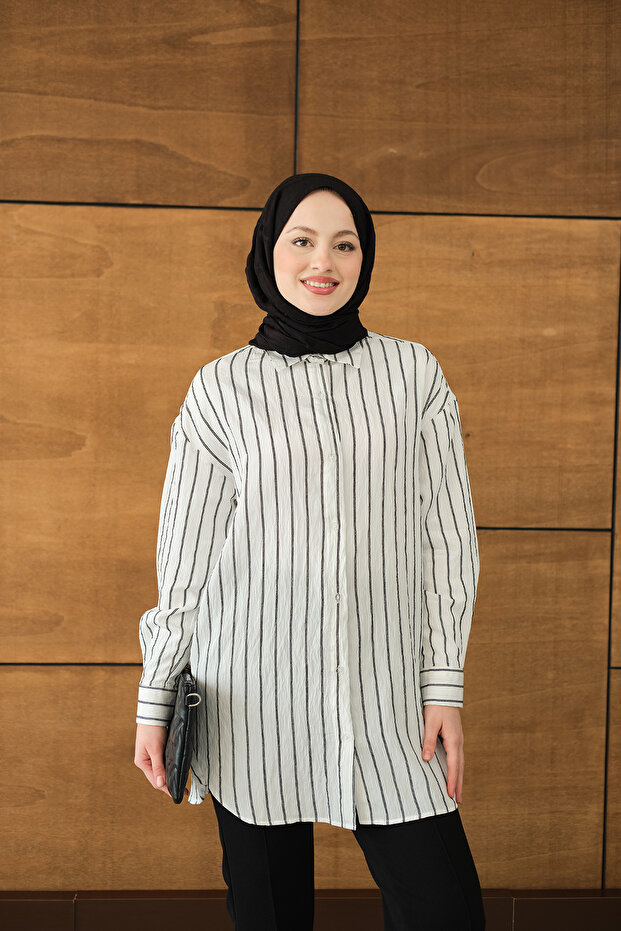 Kadın Çizgili Basic Gömlek Beyaz - 1