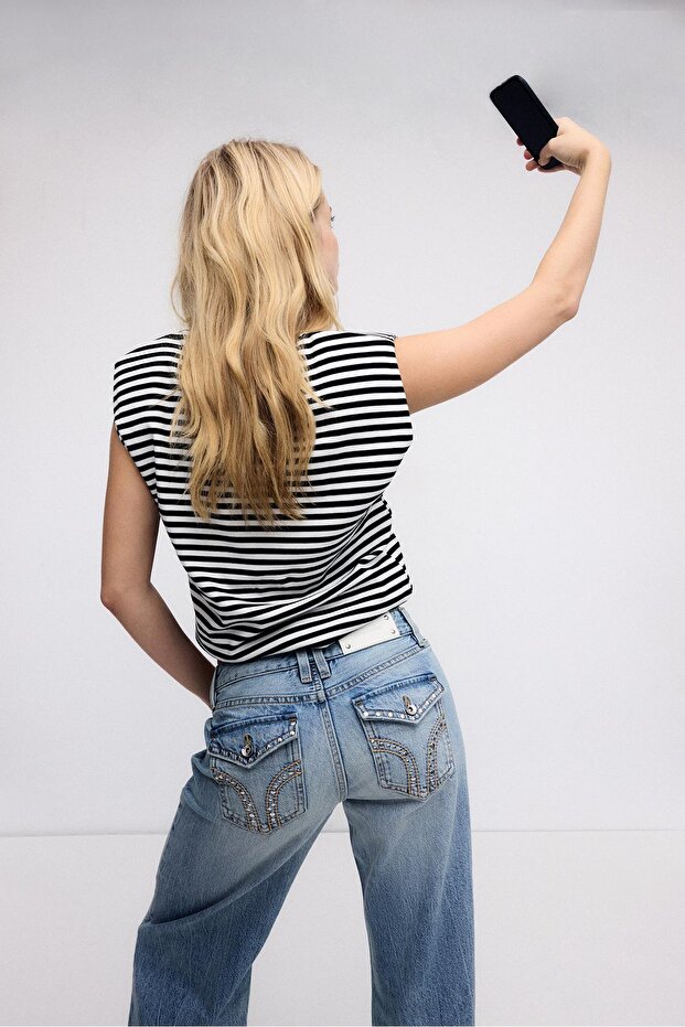 Basic vatkalı çizgili t-shirt - 4