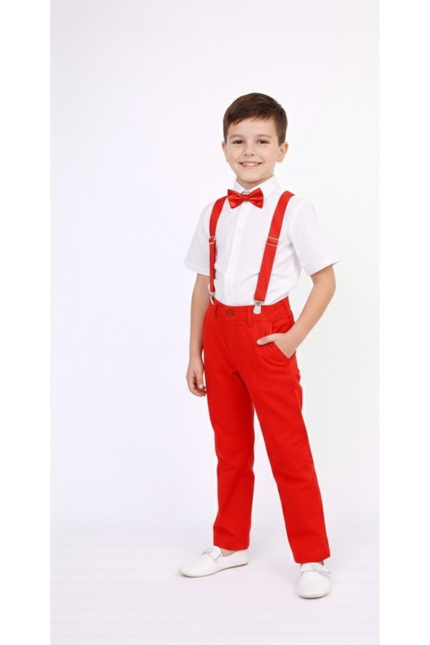 Boy's Pants Short Sleeve Shirt and Bow Tie Suspender Set April 23 Show Outfit-Special Occasions