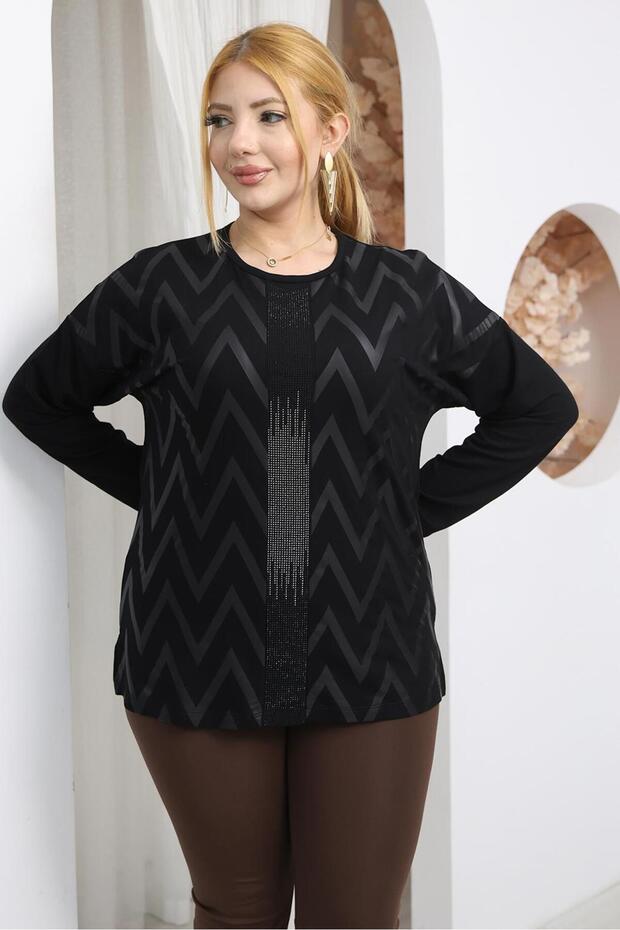 بلوزة كبيرة الحجم مطبوعة بنقشة متعرجة مزينة بالأحجار - 5