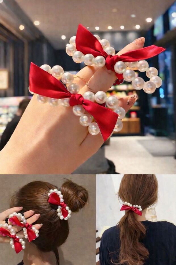 2-Piece Pearl Bow Model Rubber Buckle