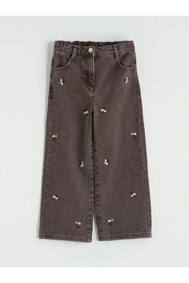 Brown Girls' Jean Trousers with Adjustable Elastic Waist (S6)