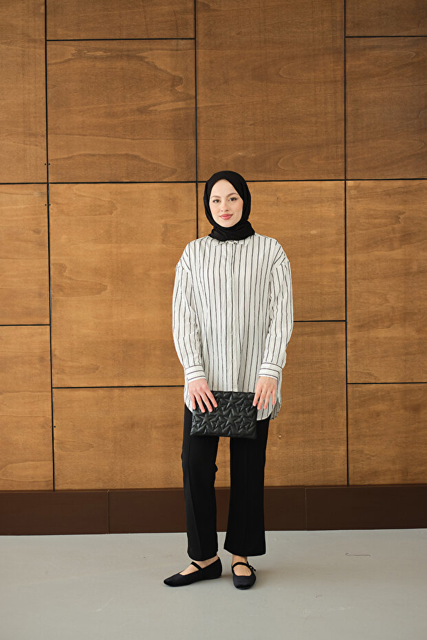 Kadın Çizgili Basic Gömlek Beyaz - 4