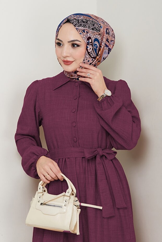 Eteği Katlı Tesettür Elbise 3025HBS856-MS Mürdüm - 1