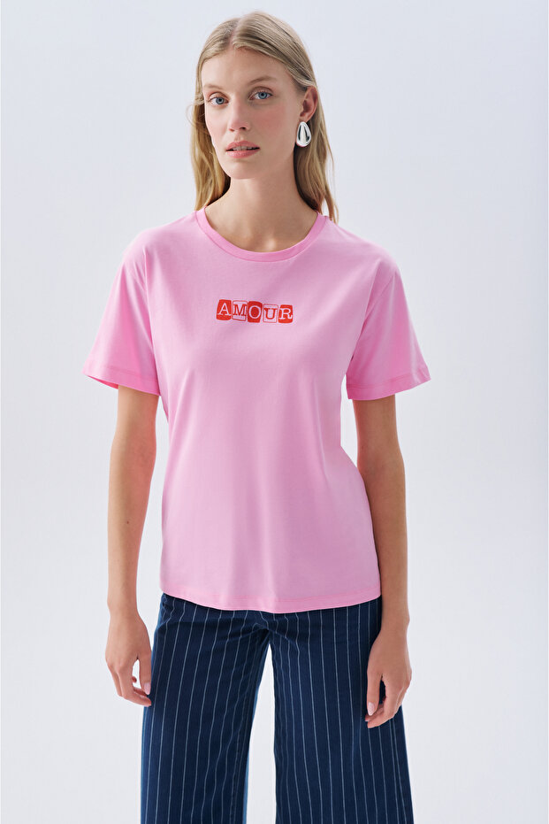 Women's Pink Printed Crew Neck T-Shirt