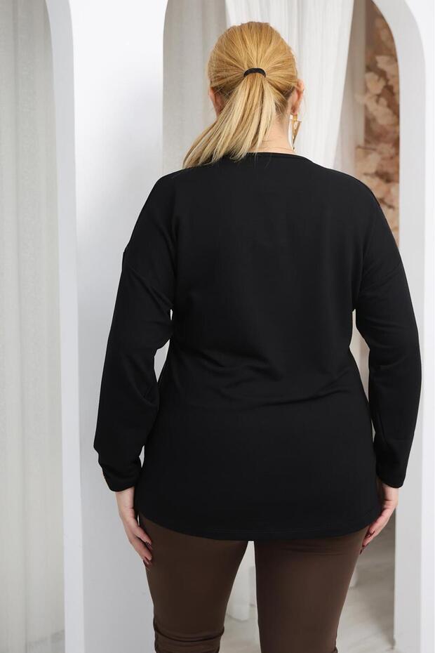 بلوزة كبيرة الحجم مطبوعة بنقشة متعرجة مزينة بالأحجار - 7